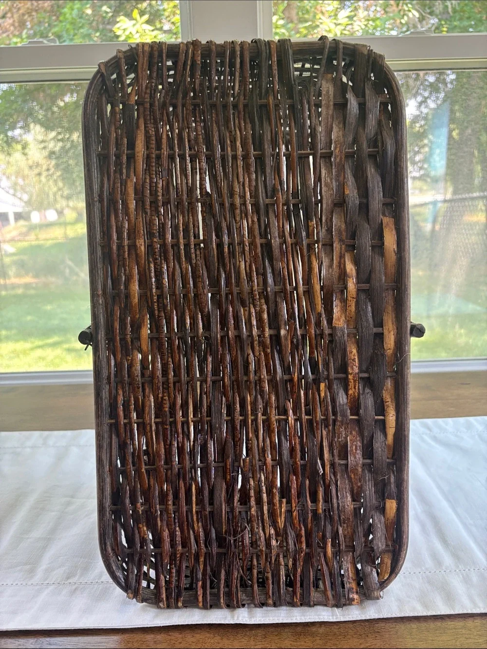 Vintage Woven Wicker Basket with Heart Cutouts 17”x9.5” Cottagecore